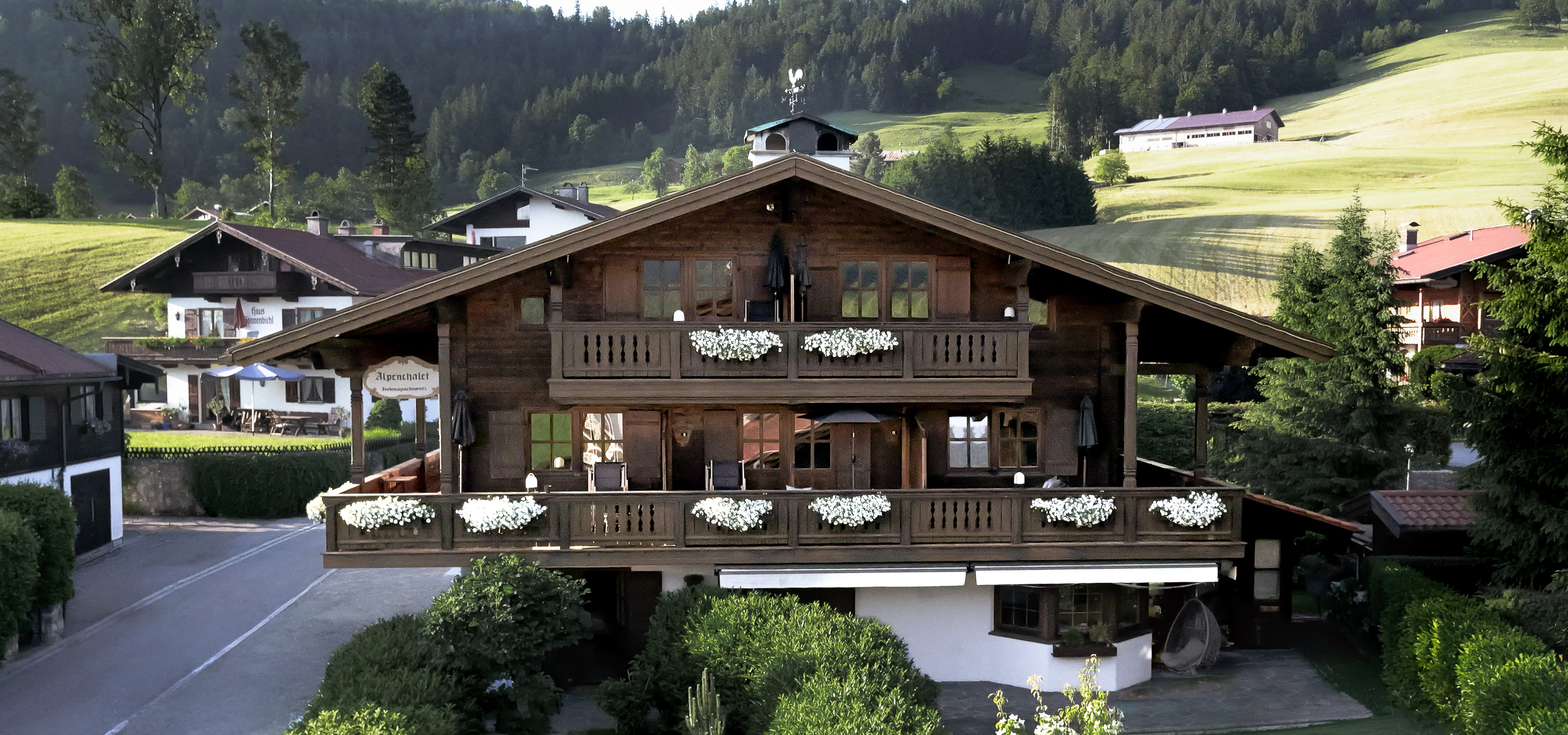 Außenansicht des Alpenchalets Reit im Winkl vor grüner Berglandschaft