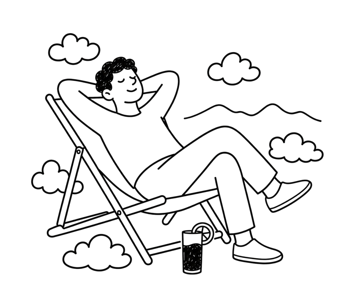 Illustration einer entspannten Person im Liegestuhl mit Bergblick als Symbol für erholsame Tage im Alpenchalet Reit im Winkl
