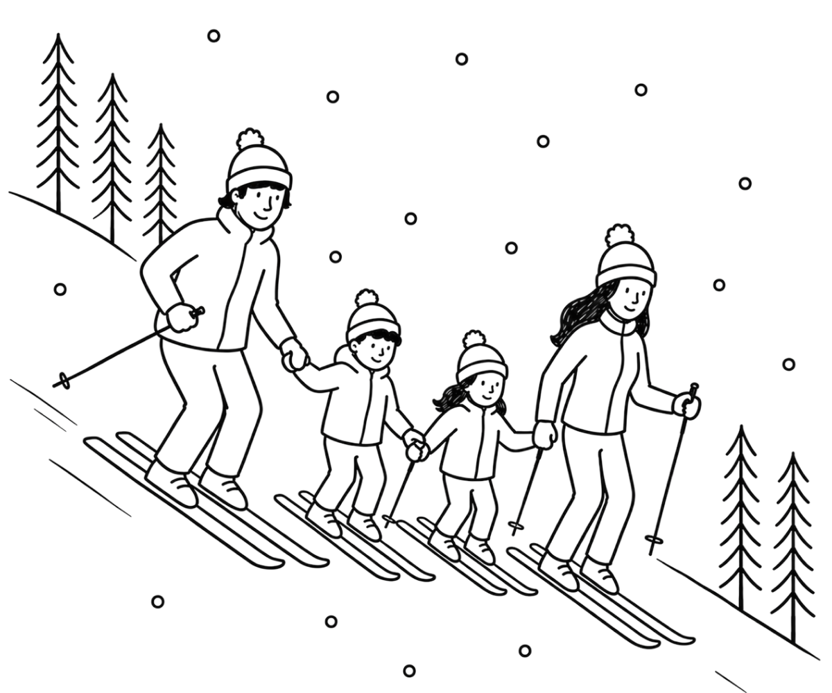 Illustration einer Familie beim Skifahren als Symbol für Aktivurlaub im Winter in Reit im Winkl