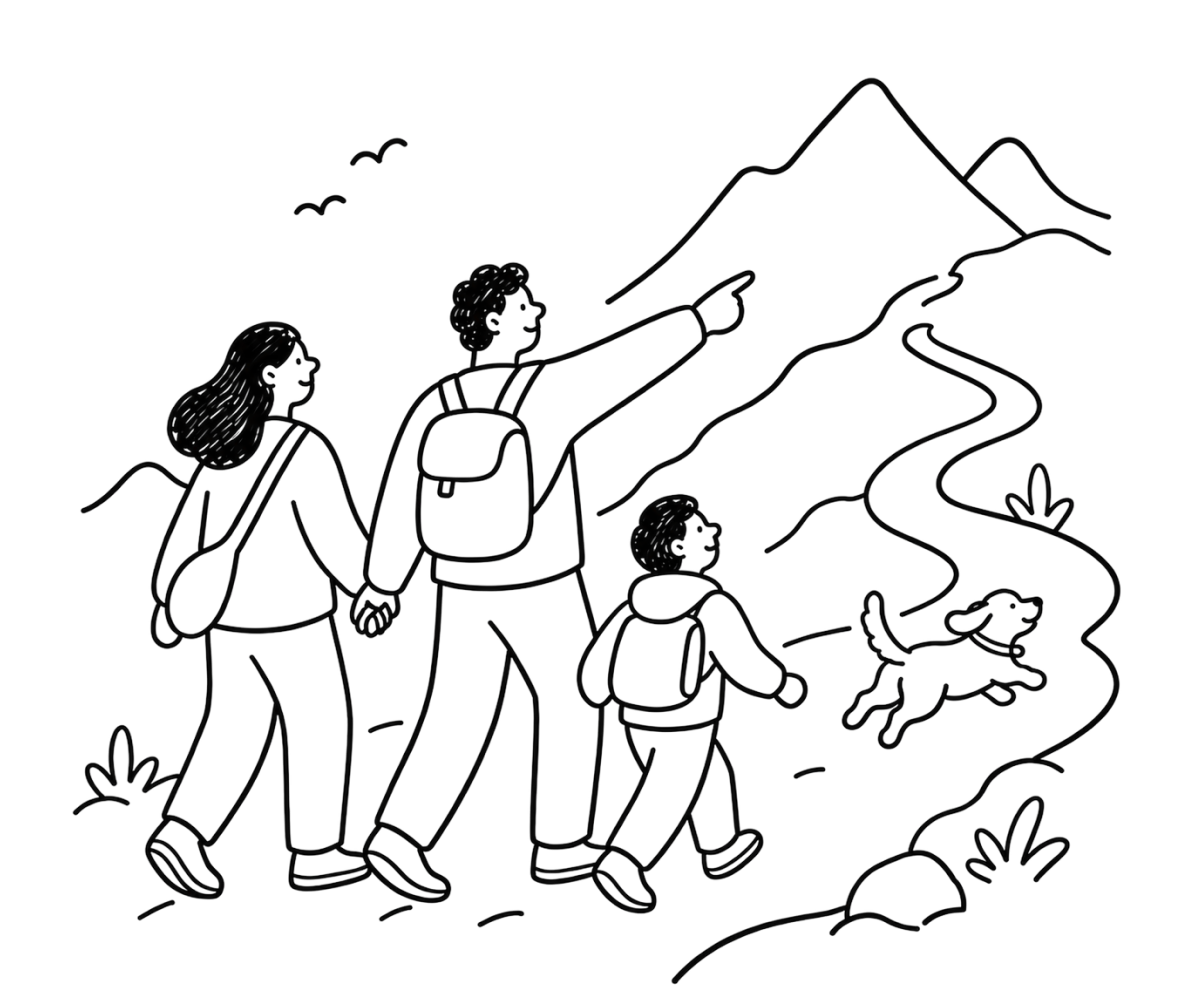 Illustration einer wandernden Familie mit Hund in den Bergen als Symbol für Wanderurlaub in Reit im Winkl