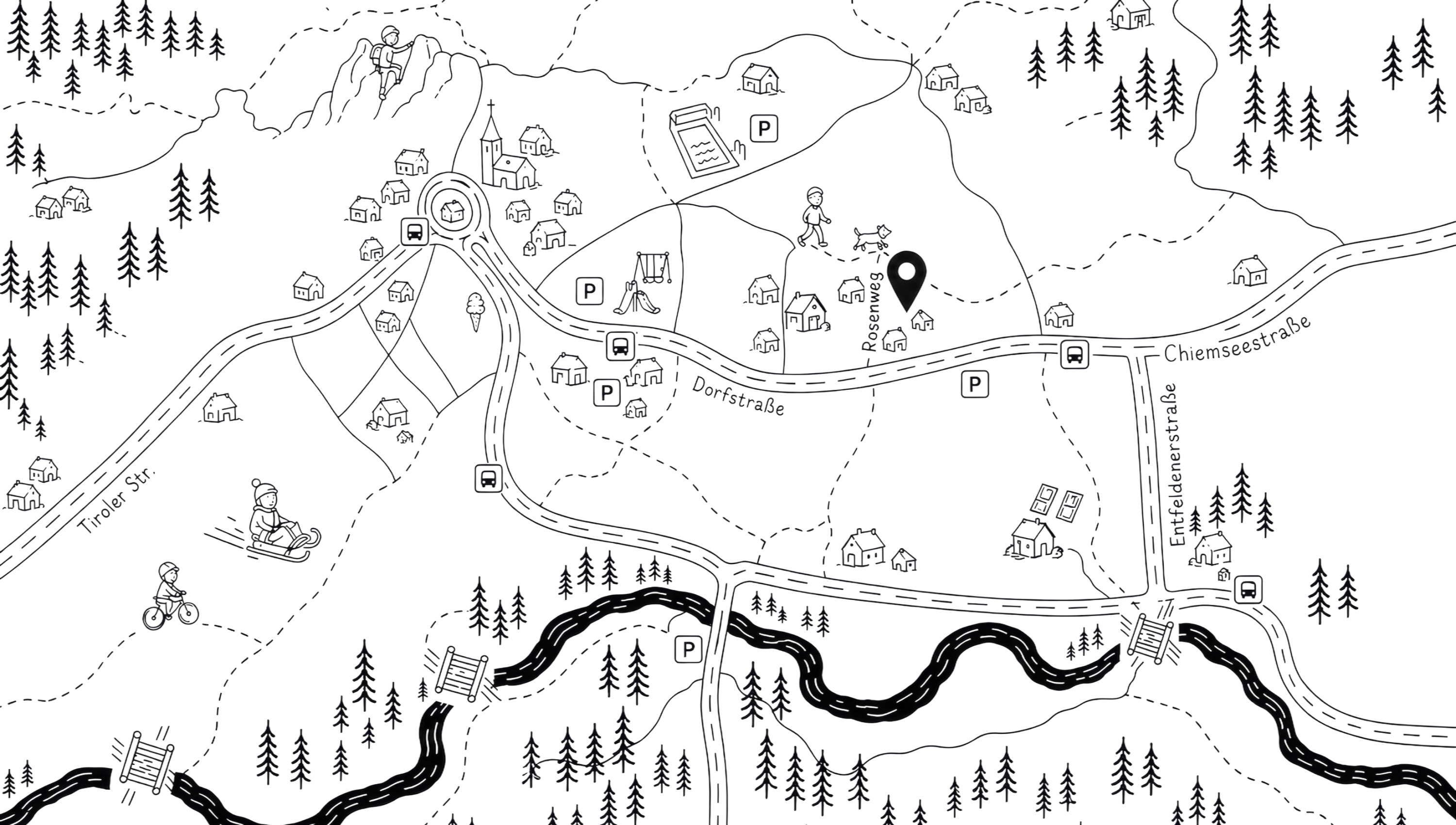Illustrierter Lageplan des Alpenchalet Reit im Winkl mit Ortszentrum, Straßen, Wanderwegen, Fluss und wichtigen Anlaufpunkten