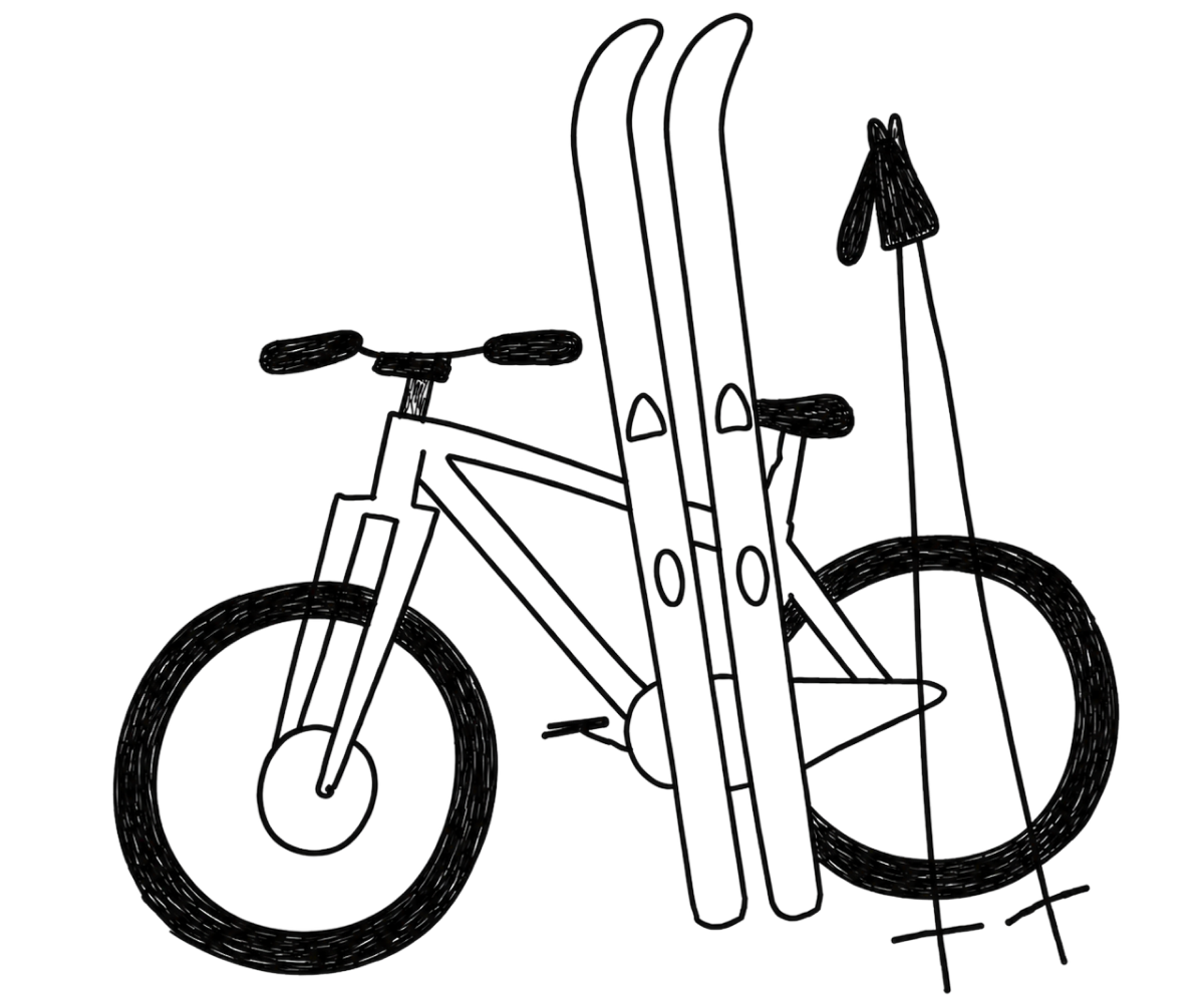 Illustration von Fahrrad, Skiern und Stöcken als Symbol für Platz für Sportausrüstung im Alpenchalet Reit im Winkl