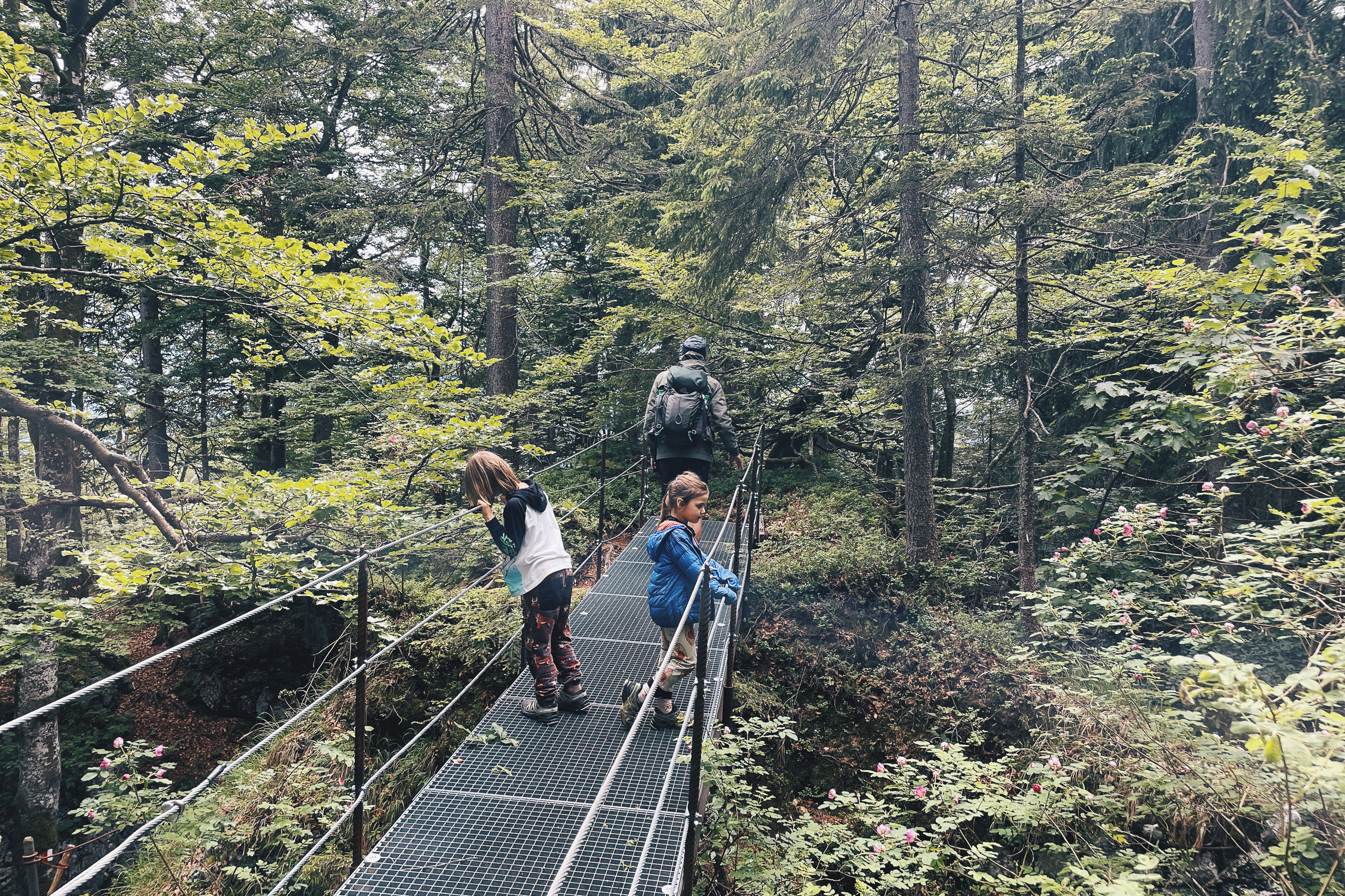 Wanderer auf einer Hängebrücke bei der Teufelsgasse