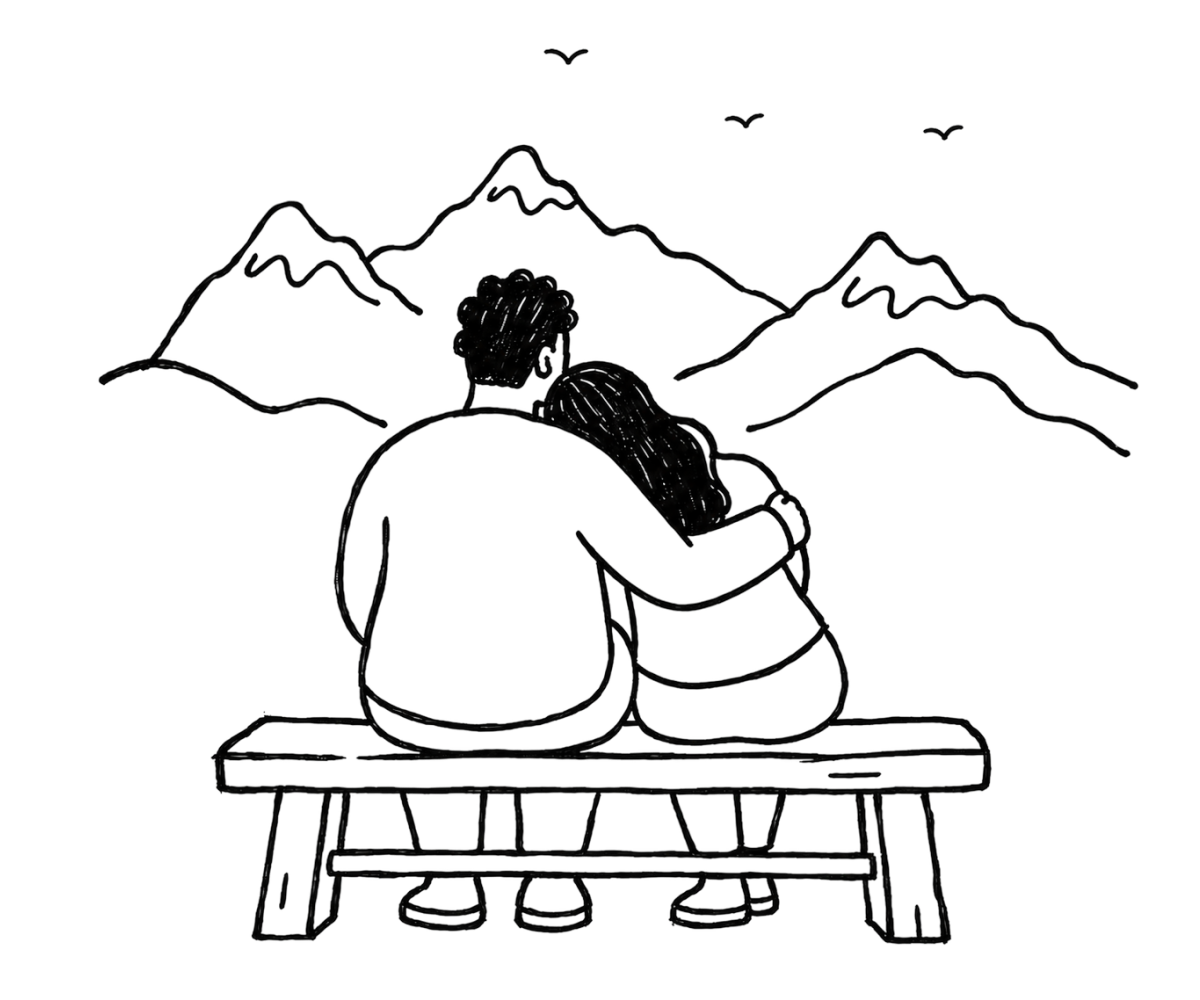 Illustration eines Paares auf einer Bank mit Bergblick als Symbol für Urlaub zu zweit im Alpenchalet Reit im Winkl